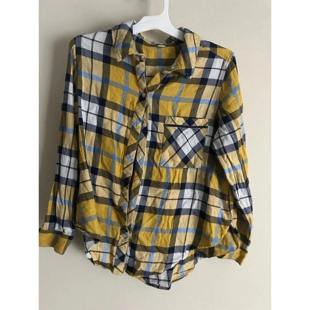 Aerie women’s button up Flannel shirt top Plaid size Small S Yellow